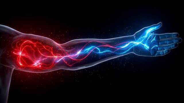 Glowing bloodstream flow in human arm illustrated with neon red and blue light effects. Anatomical veins and arteries shown on black background. Concepts: bloodstream, circulation, anatomy, neon