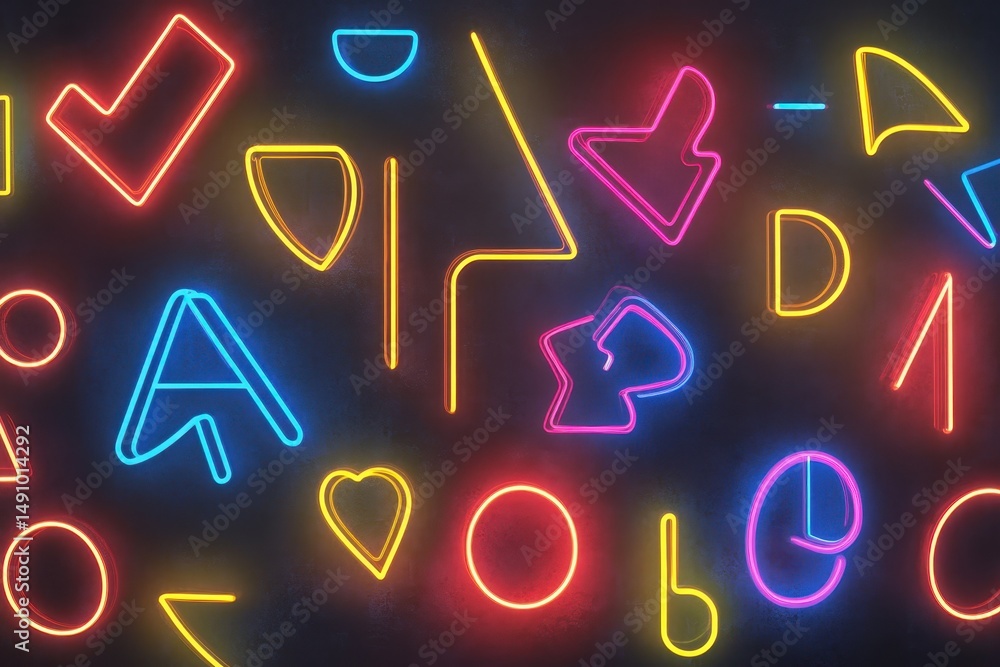 Poster Bright neon shapes create a dynamic background with moving text in a modern digital design, start text over moving neon shapes
