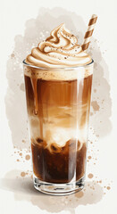 Watercolor Illustration of Iced Coffee with Whipped Cream & Caramel Drizzle - Refreshing Beverage Art