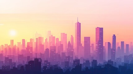 Fototapeta premium Sunset cityscape silhouette, hazy urban skyline.