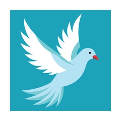 Cartoon illustration of a peaceful dove in flight against a solid turquoise background