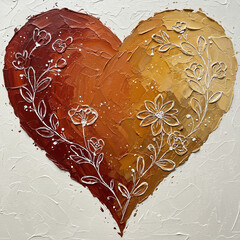 Textured Impasto Heart Painting with Floral Elements in Earth Tones - Artistic Love Concept