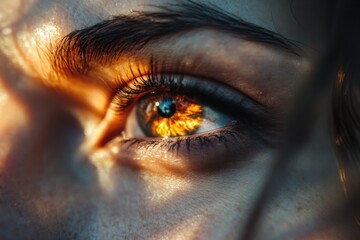 Naklejka premium Fire reflected in a woman's eye capturing the essence of warmth and intensity, Fire reflecting in the pupil of a woman's eye