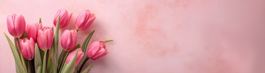 Pink tulips on pale pink textured background with soft elegant mood and ample copy space for banner or greeting card design