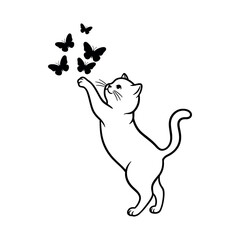 Playful Kitten Reaching for Butterflies Adorable Line Art Vector Illustration