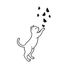 Playful Kitten Reaching for Butterflies A Charming Black and White Vector Illustration