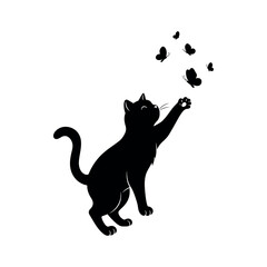 Playful Black Kitten Silhouette Vector Illustration Reaching for Butterflies