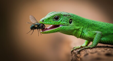 Fototapeta premium Vibrant green lizard hunting and capturing a fly in its natural habitat