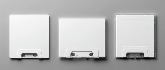 Three blank white cassette tapes mockup on gray background.