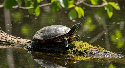 Captivating Image of a Painted Turtle basking on a mossy log in a pond