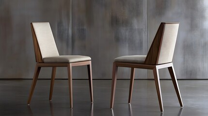 Modern, light beige upholstered dining chairs against a textured wall.