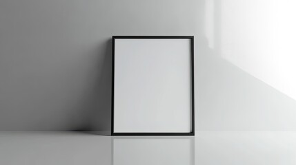 Blank vertical poster mock-up in black frame against a grey wall.