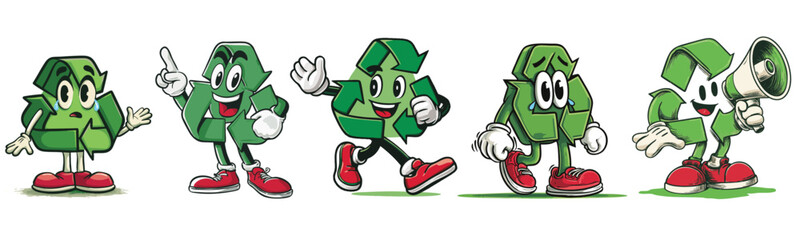 Obraz premium vintage retro style recycling symbol cartoon mascot character with expressive faces and gestures