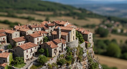 Obraz premium Scenic hilltop village featuring stone buildings with red tile roofs in Europe