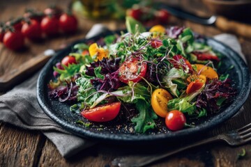 Fresh salad with tomatoes and greens on a plate on a wooden surface.