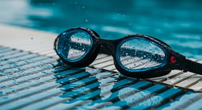 Close-up of swimming goggles with water drops near pool edge, perfect for swim lessons or aquatic sports promotions