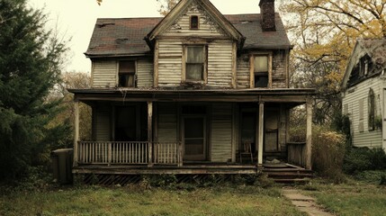 Dilapidated victorian residence displays decay with peeling paint and broken windows