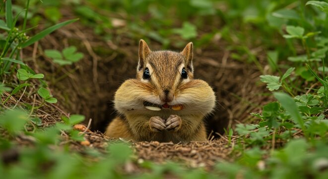 Adorable chipmunk with cheeks stuffed full of seeds peeking out burrow