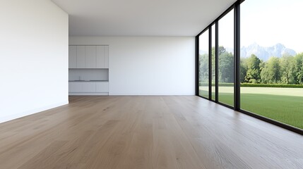Fototapeta premium Minimalist Modern Interior with Natural Light, Wooden Flooring, and Expansive Window Views of a Green Landscape.