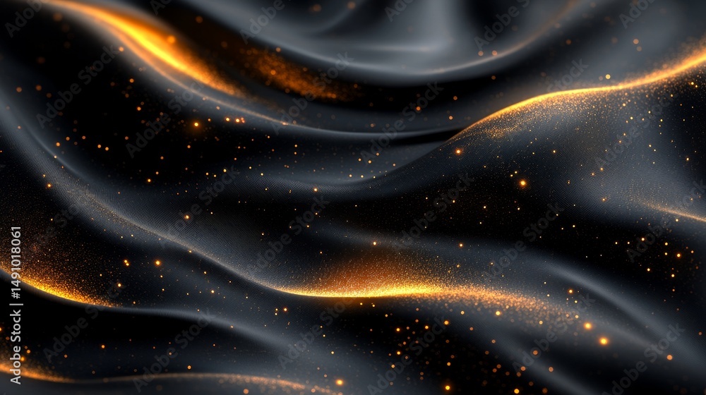 Poster dynamic, abstract design of flowing dark fabric with golden particles.