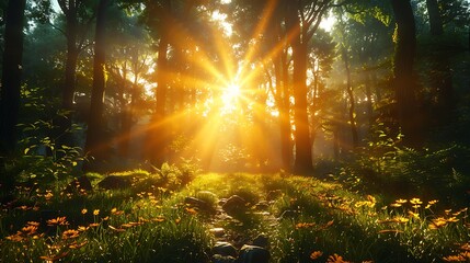 Sunlight streams through a misty forest
