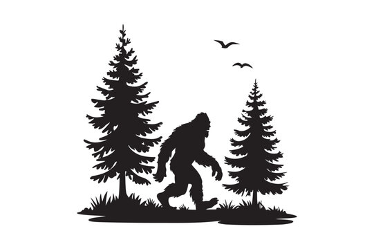 Bigfoot Forest Silhouette Vector Sasquatch Walking in Nature Scene