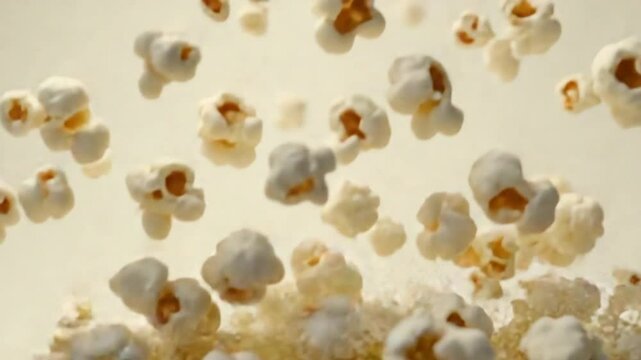 Popcorn flies up and falls down. On a light background. Filmed on a high-speed camera at 1000 fps. High quality FullHD footage