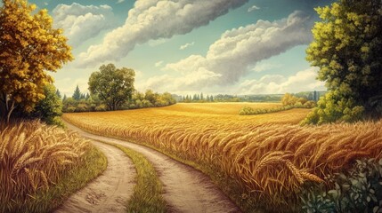 Winding dirt road through golden wheat field, under a partly cloudy sky.
