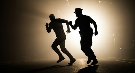 Intense Encounter: Silhouette of a Police Officer Apprehending a Runaway