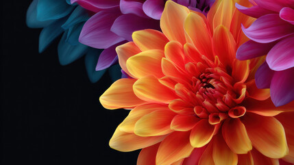Fototapeta premium Vivid dahlias blossom in an artistic arrangement showcasing their vibrant orange, purple, and pink petals against a stark black background for striking contrast.