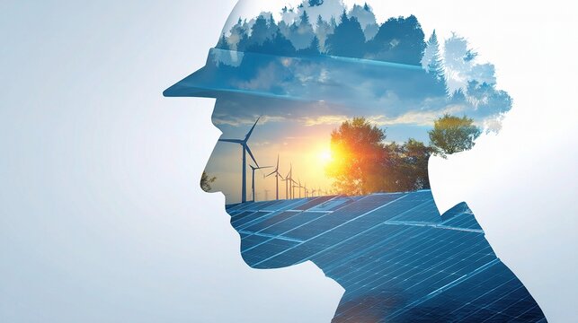 Renewable Energy Analyst Overlooking Solar Farm and Wind Turbines