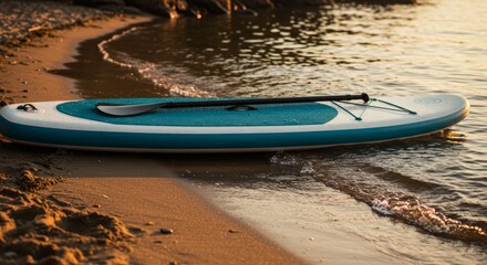 Fototapeta premium Stand-Up Paddleboard on the Shoreline at Sunset, Embracing Coastal Serenity