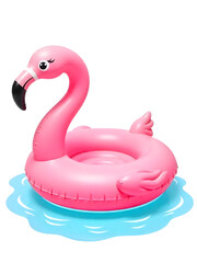 A whimsical pink flamingo inflatable pool float floating on a serene blue water surface.