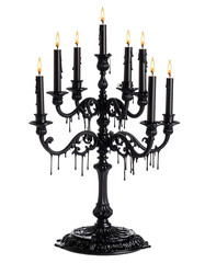 Elegant black candelabra with lit candles against a transparent background. Dripping wax effect creates a gothic atmosphere. Ideal for decorative or thematic design uses.