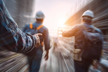 Construction workers walk on site wearing hard hats and work clothes.