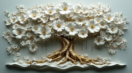 Elegant Golden Tree With White Flowers And Birds High Resolution Photo