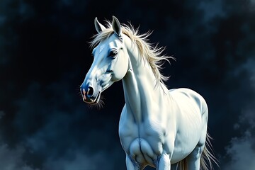 Obraz premium Oil painting of a horse’s front view and face, showcasing detailed features and lifelike in full dark background.