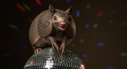 Armadillo on a Disco Ball, A unique image showcasing wildlife and nightlife with a playful twist and eye-catching bokeh lights backdrop
