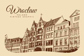 City ancient architecture, Wroclaw, Poland. Vintage brown and beige graphics, engraved, vector. Old retro design.