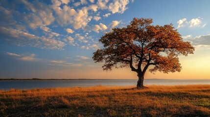 Obraz premium Solitary tree by calm lake at sunset.