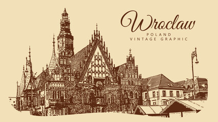 City ancient architecture, Wroclaw, Poland. Vintage brown and beige graphics, engraved, vector. Old retro design.