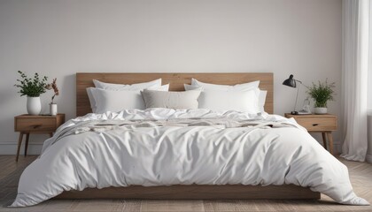 King-size bed, crisp white bedding, Scandinavian style room, white, bed, home