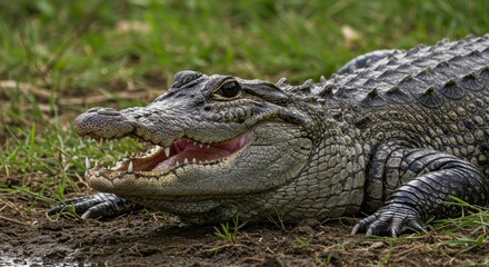 Fototapeta premium Close-up of an alligator basking in the sun on a grassy bank exhibiting its teeth