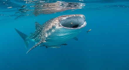 Obraz premium Magnificent Whale Shark Feeding in Open Ocean with Sunlight Reflections