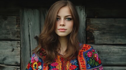 Fototapeta premium Portrait of a Young Polish Woman with Wavy Light Brown Hair Dressed in Colorful Floral Traditional Attire