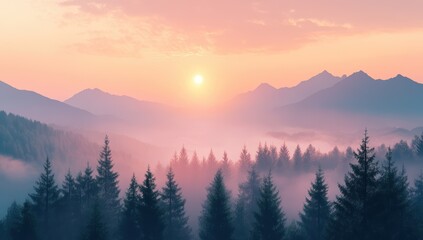 Obraz premium Misty Mountain Sunrise: A Breathtaking Landscape