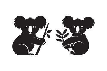 Cute Koala Bear Silhouette Vector Clipart Holding Branch and Leaves © Sadek