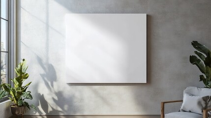 Blank canvas mockup on textured wall in modern room with plants and chair.