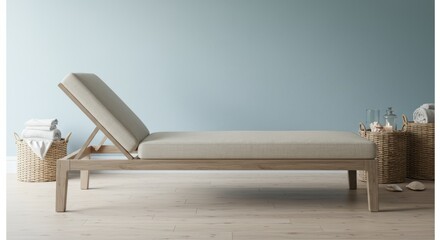 Elegant chaise lounge in a spa setting with calming blue background