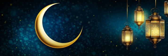 Fototapeta premium A beautiful night sky with a glowing crescent moon in the center and many lit up lanterns surrounding it. The lanterns are of various sizes and shapes, creating a warm and inviting atmosphere